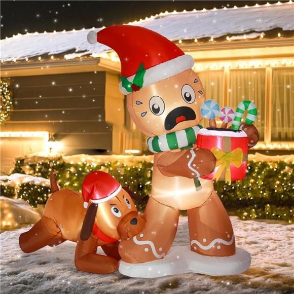5FT Christmas Inflatable Gingerbread Man & Dog Outdoor Decoration - Picture 1 of 8